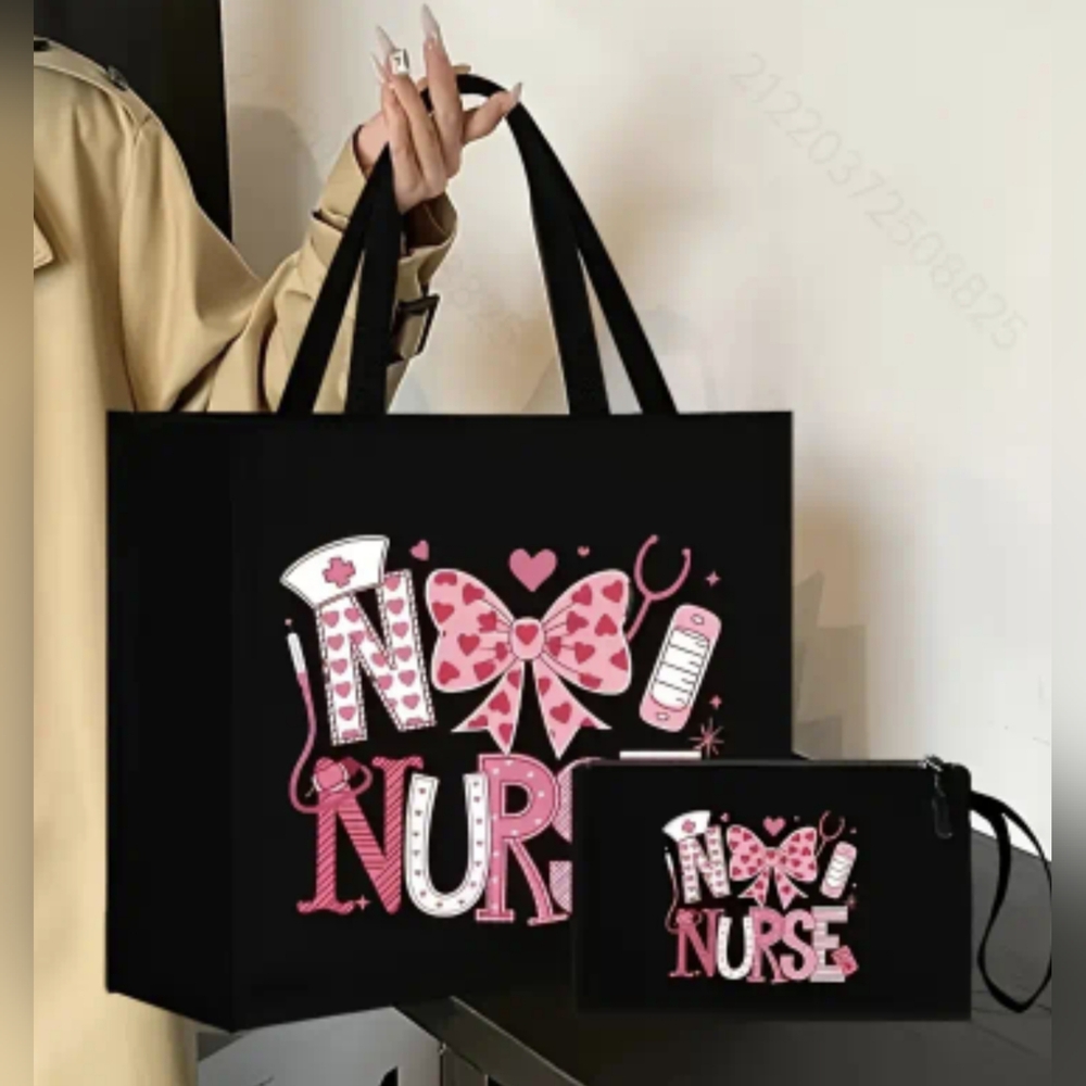 Nurse Tote Bag w/ Matching Zipper Pouch “Nurse” Pink & Black Nurse Gift, T15MIS